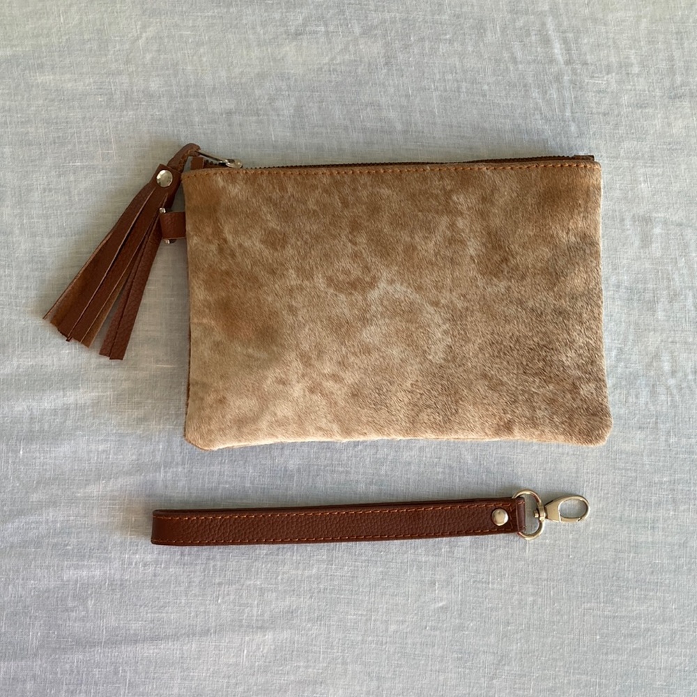Cute Brown and White Cowhide and leather wristlet